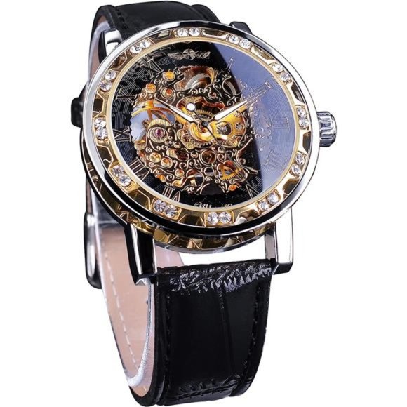 Retro Manual Mechanical Skeleton Watch with Diamond &Carving Flower,Black Golden - Picture 1 of 6